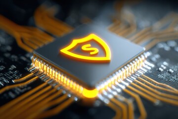 Leinwandbilder - Close-up of a modern computer processor with illuminated shield logo on circuit board.