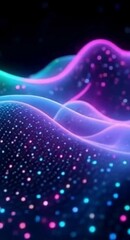 Poster - Abstract Blue Pink Neon Wave with Glowing Particles Background