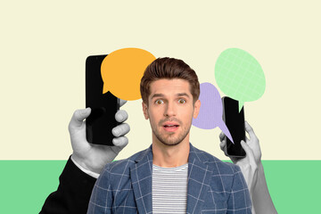 Poster - Full 3d poster art collage of happy girl guy stand bubble hands hold phone communication chatterbox speech scribble dialogue