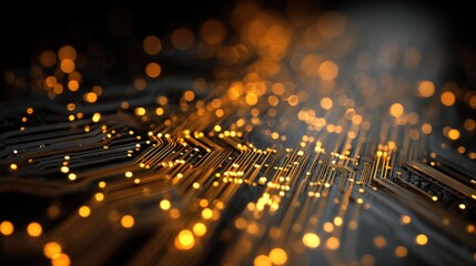 Leinwandbilder - Highly detailed abstract digital circuit board with glowing orange lights and intricate pathways for technology and electronics design.
