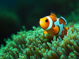 Ocellaris clownfish swimming near green sea anemone