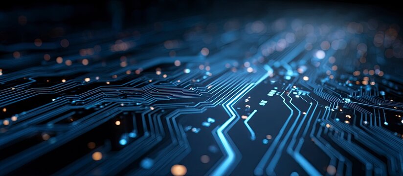 Blue circuit board background Banner for web design, business presentation or graphic design on dark blue background. Digital illustration of abstract and futuristic technology concept. 