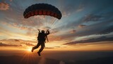 “Silhouette of a skydiver under a parachute against dramatic sunset sky, emotional and bold visual, cinematic tones”