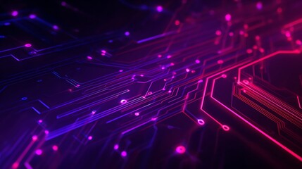 Poster - Abstract rendering of a circuit board with purple and red lights and glowing lines on a dark background