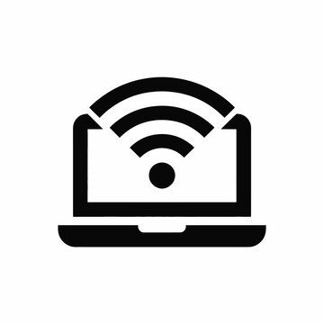 Laptop with Wifi Symbol Indicating Wireless Internet Connection Black and White