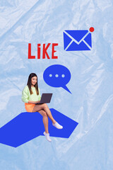 Aufkleber - Creative artwork template sketch image 3D collage of young lady sit hold laptop like envelope feedback message conversation dialogue note
