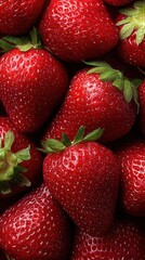Leinwandbilder - Close-up of fresh ripe strawberries with green leaves on dark background.