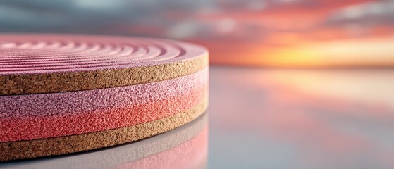Poster - Abstract layered cork material with pink and red tones against a blurred sunset background Concept of texture, design, and natural materials