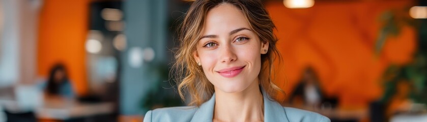 Poster - Portrait of a smiling woman in a modern workspace with an orange background, exuding confidence and approachability.