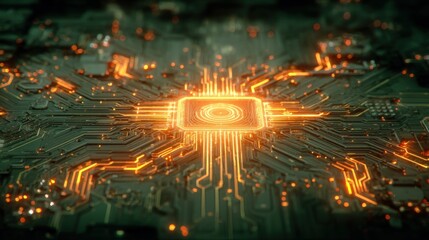 Leinwandbilder - Futuristic glowing microchip circuit board with digital technology and innovation theme.