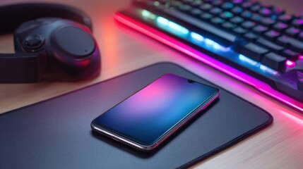 Poster - A smartphone lies on a sleek desk mat next to a gaming keyboard and headphones, illuminated by colorful LED lights.