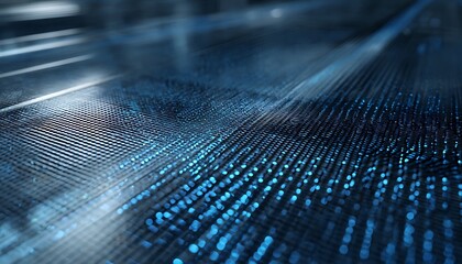 Poster - A close up view of a dark grid pattern with bright blue lights and blurred lines in the background