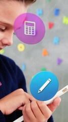 Poster - Animation of colorful icons over caucasian schoolboy using tablet