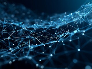 Poster - A digital representation of interconnected nodes and lines forming a complex network structure in blue hues