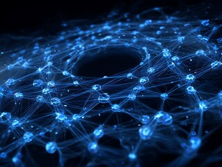 Poster - A complex network of interconnected blue spheres with glowing lines against a dark background design