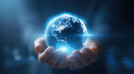 Poster - Human hand holding glowing digital earth planet with bright lights and network grid.