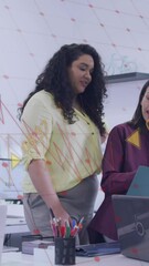 Poster - Animation of graph and data processing over diverse male and female colleagues in office discussion
