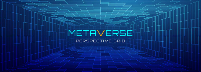 Poster - Grid background in 3D metaverse with VR space and digital line tech. Wireframe floor and tunnel create a virtual blueprint. Futuristic cube perspective in cyber architecture.