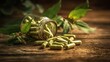 © Generative AI - Long shot of a glass jar tipped over spilling herbal supplements on rustic wooden surface.