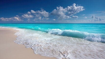 Aufkleber - Scenic tropical beach with clear turquoise water white sand and blue sky with clouds.