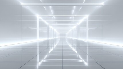 Poster - Futuristic illuminated tunnel with bright neon lights and reflective flooring design.
