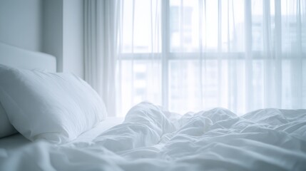 Poster - Bright airy bedroom with soft white bedding and large window with curtains.