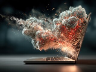 Poster - Dramatic explosion coming out of a laptop computer with dust and smoke clouds.