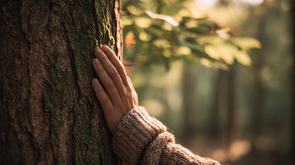 Fototapete - Detailed image of a hand with knitted glove touching a textured tree trunk in a lush forest during daytime.