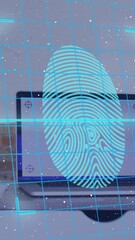 Poster - Animation of data processing with biometric fingerprint and padlocks over laptop