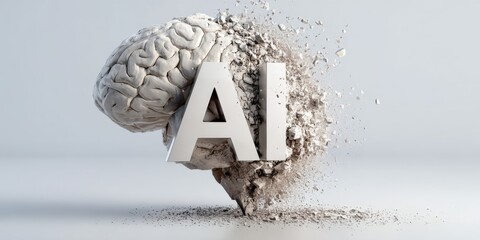 Poster - Detailed close-up of a realistic brain with breaking particles and AI letters on a neutral background.