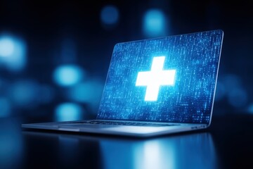 Poster - Digital Healthcare Concept with Laptop Displaying Medical Cross and Digital Data.