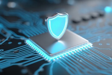 Poster - Digital security shield protection icon on circuit board technology concept design.