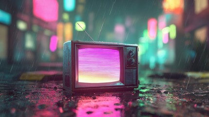 Aufkleber - Retro television set with colorful static display on a neon illuminated city street at night.