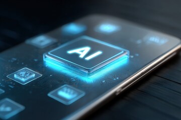 Poster - Close-up of artificial intelligence AI button on smartphone with digital interface display.