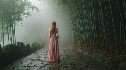 Poster - Woman in pink dress standing on cobblestone path amidst lush bamboo forest with misty atmosphere.