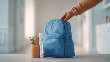 Poster - Person Packing Blue School Backpack with Stationery and Water Bottle for School.