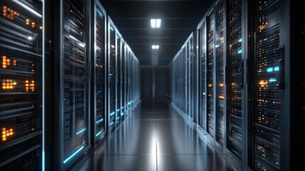 Poster - Modern data center with server racks illuminated in blue and orange with overhead lighting.
