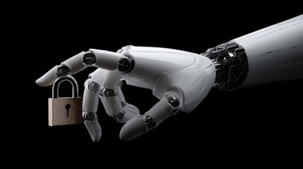 Aufkleber - Futuristic robotic hand holding a padlock symbolizing security and technology advances.