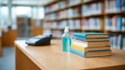Poster - Modern library interior with wooden desk, stack of books, sanitizer and telephone.