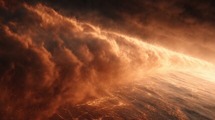 Aufkleber - Dramatic fiery sky with swirling clouds and intense orange and gold hues over a rugged landscape.