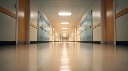 Aufkleber - Wide empty school hallway with lockers and bright ceiling lights in modern educational facility.