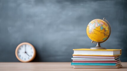 Poster - Educational Globe Spinning on Stack of Books with Clock in Classroom Setting.