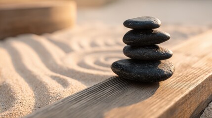 Poster - Stack of smooth black stones balanced on wooden surface with sand patterns in background.