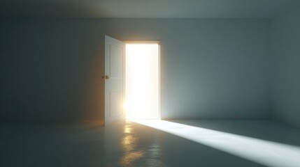 Poster - Bright light streaming through an open door into an empty room with smooth walls.