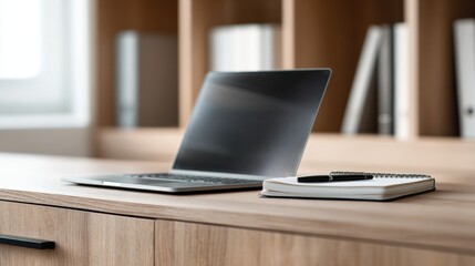 Poster - Modern workspace with open laptop, notebook, and pen on wooden desk in bright office.