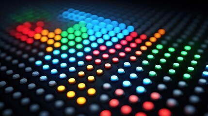Poster - Colorful LED Light Pattern Display on a Dark Background with Bright Multicolor Dots.