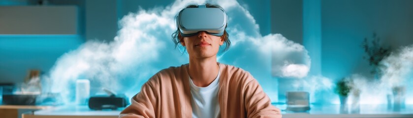 Poster - A person wearing a virtual reality headset sits in a modern environment, surrounded by a misty atmosphere, engaged in an immersive experience.