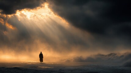 Aufkleber - Dramatic cloudy sky with sun rays shining through dark storm clouds over lone figure on beach at sunset.