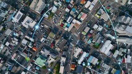 Poster - Concept of overhead drone aerial view of residential area and communication network