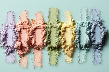 Aufkleber - Colorful pastel powder pigments arranged in a line with vibrant texture on pastel background.